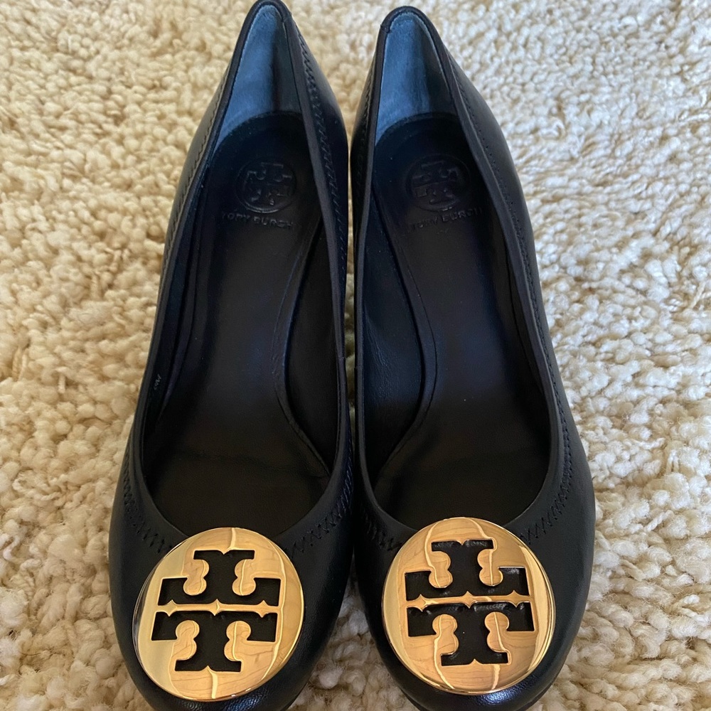 Tory Burch black with gold emblem wedge heels